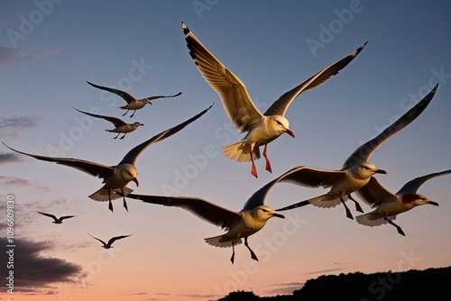 Seagulls Soaring at Dusk A Dynamic Wildlife Team in the Evening Sky