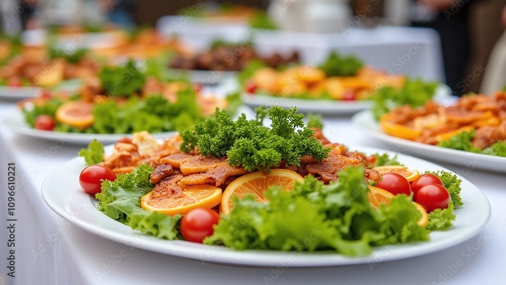 Buffet table with dishes garnished in restaurant setting Buffet table with dishes garnished in restaurant setting