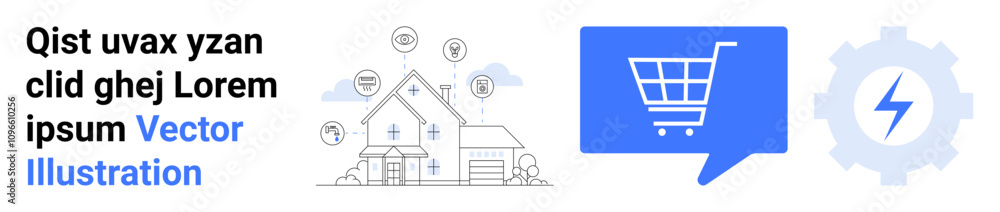 Smart house with connections, shopping cart icon, and gear symbol representing smart technology, online shopping, integration, automation, energy efficiency, modern living, home security. Ideal Smart house with connections, shopping cart icon, and gear symbol representing smart technology, online shopping, integration, automation, energy efficiency, modern living, home security. Ideal