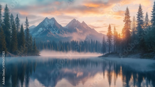 Majestic mountains and serene lake reflecting colorful sunrise in tranquil forest