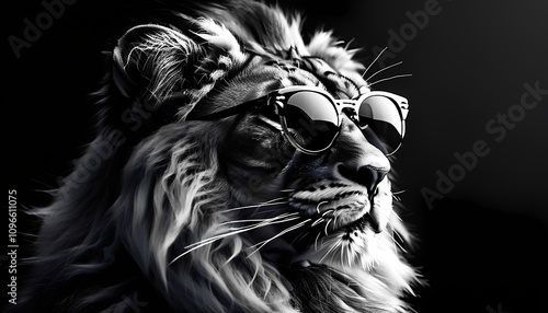 A majestic lion, sporting a pair of stylish sunglasses, strikes a pose against a dark background. The contrast between the lion's powerful features and the playful accessory creates a unique . photo