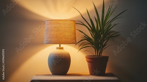 A cozy lamp beside a potted plant, creating a warm and inviting atmosphere.