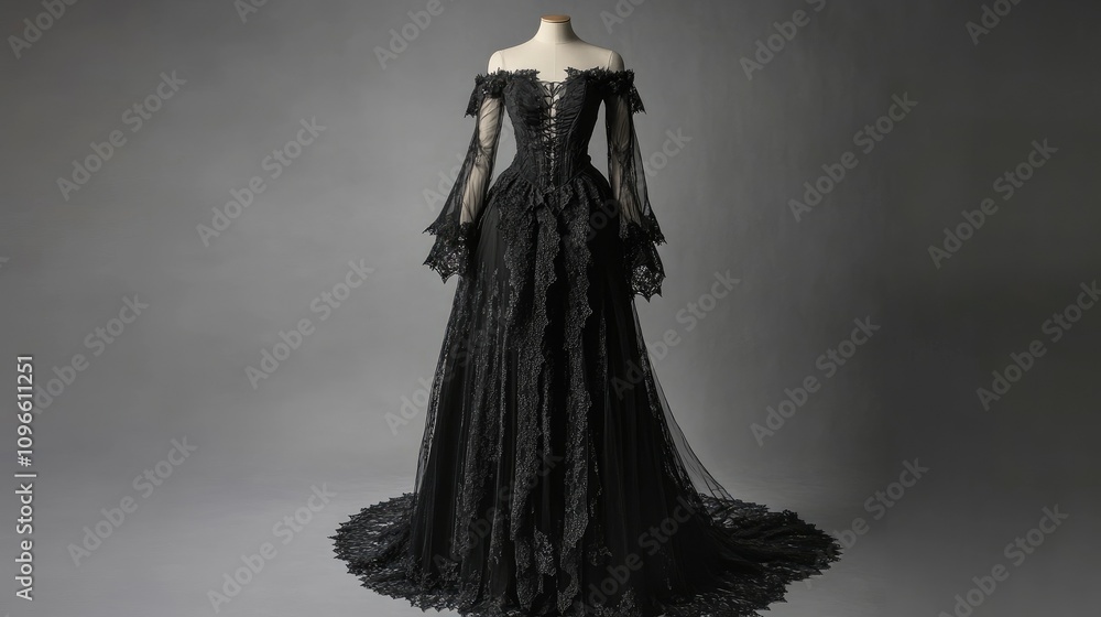 Fototapeta premium Elegant black lace gown with off-shoulder sleeves and a flowing train.