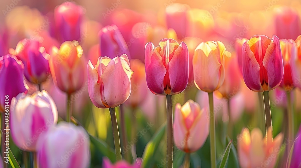 A close-up view of a field of pink and yellow tulips, with the sun shining through the petals. A close-up view of a field of pink and yellow tulips, with the sun shining through the petals.