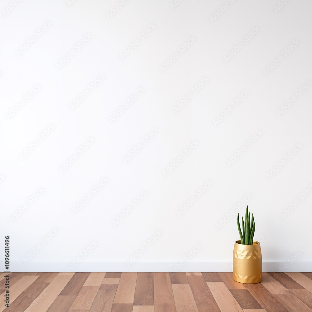 Minimalist interior with a single golden plant pot on hardwood floor. Minimalist interior with a single golden plant pot on hardwood floor.