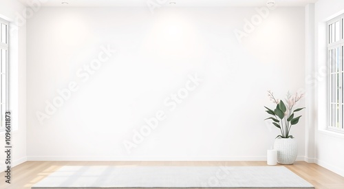 Empty room with white walls, wooden floor, rug, and plant.