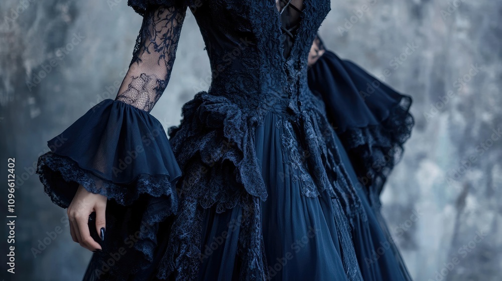 Elegant dark gown with intricate lace details and voluminous sleeves. Elegant dark gown with intricate lace details and voluminous sleeves.