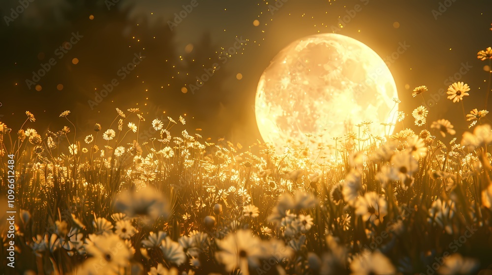 Full moon and flower field outdoor scenery illustration poster background Full moon and flower field outdoor scenery illustration poster background