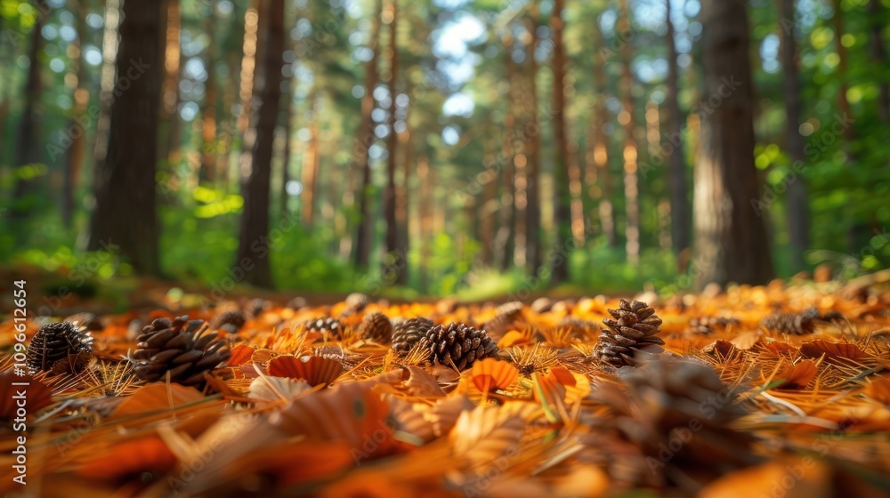 A low angle view of fallen pine cones and leaves on the forest floor, with tall pine trees in the background. A low angle view of fallen pine cones and leaves on the forest floor, with tall pine trees in the background.