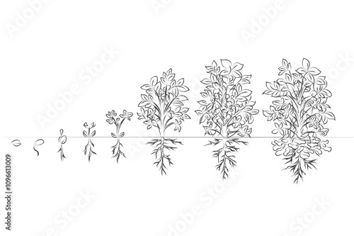 hand drawn line art vector of a peanut plant growth phases.