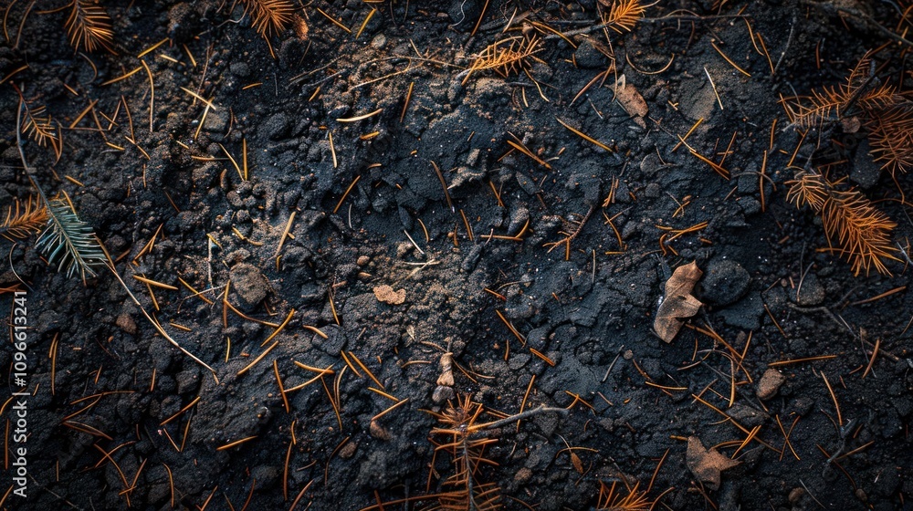 Close up view of brown forest floor with pine needles and branches. Close up view of brown forest floor with pine needles and branches.