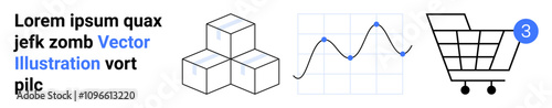Cubes, graph with grid and line, shopping cart with three items. Ideal for business analysis, e-commerce, data visualization, statistics, market research, purchasing behavior, web design. Landing