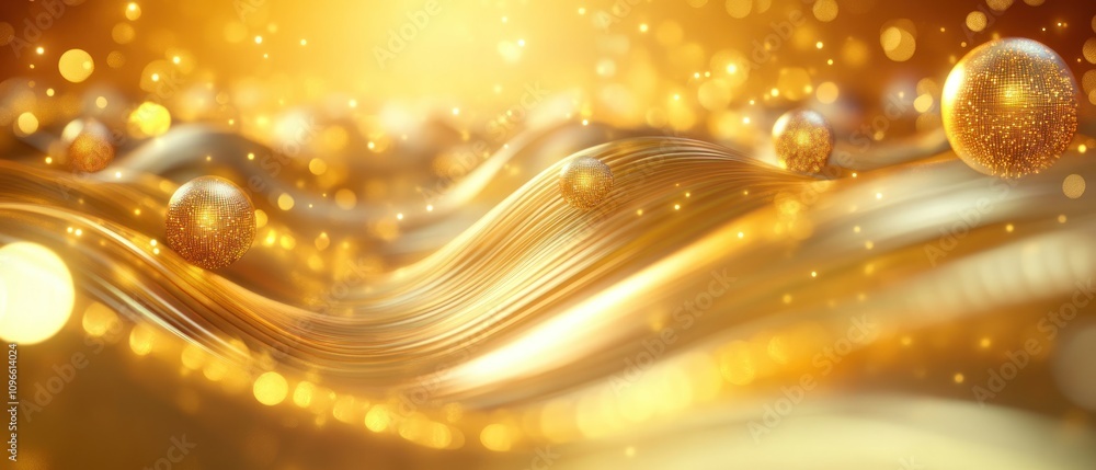 A shimmering golden wave with floating orbs, creating a dreamy, ethereal atmosphere. A shimmering golden wave with floating orbs, creating a dreamy, ethereal atmosphere.