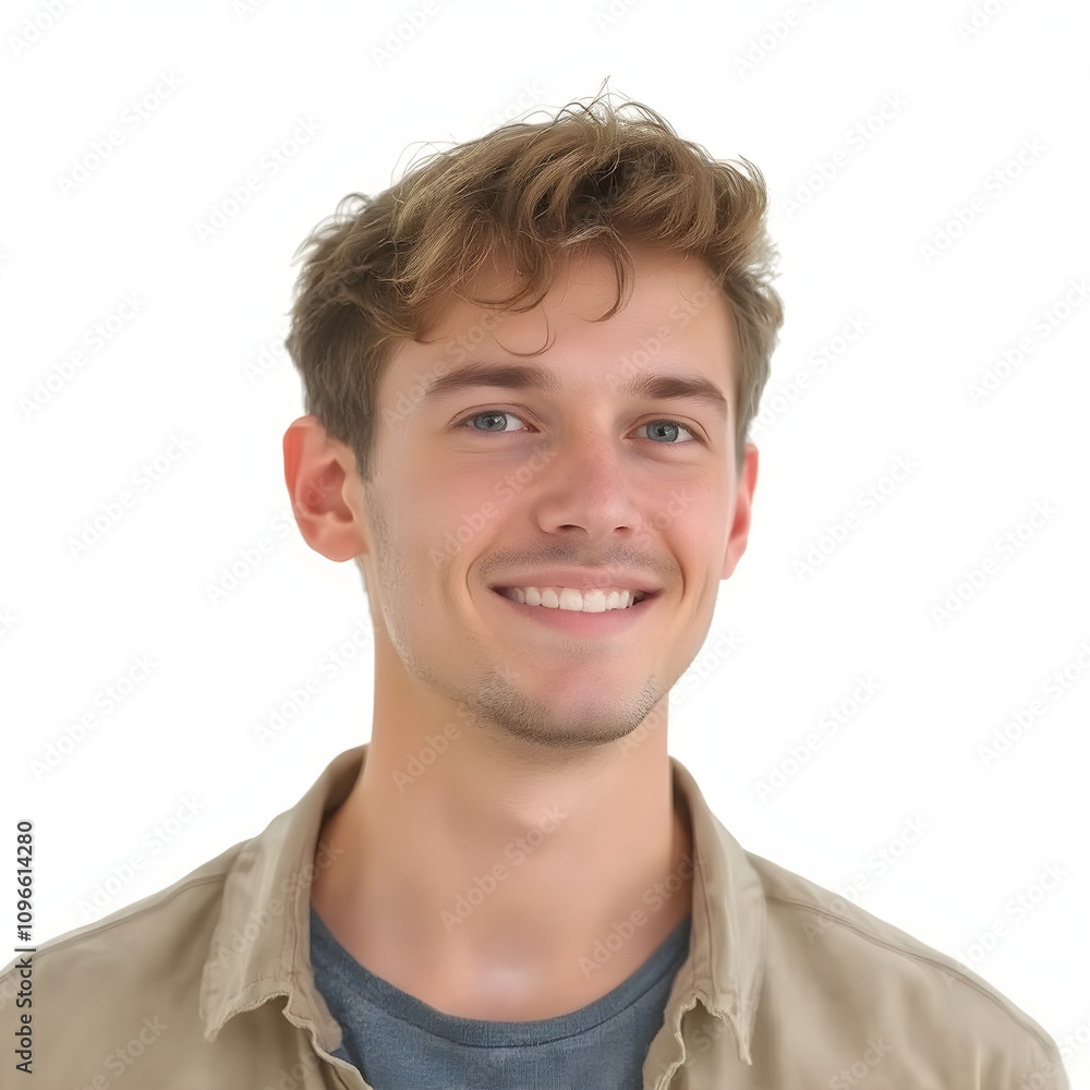 Style Photo: A young man aged between 20 and 30, standing slightly to the side, looking straight into his eyes, smiling, head not cut, wearing a casual shirt, background white. Style Photo: A young man aged between 20 and 30, standing slightly to the side, looking straight into his eyes, smiling, head not cut, wearing a casual shirt, background white.
