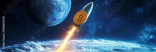 Bitcoin Rocket to the Moon. BTC Crypto Symbol. Cryptocurrency Success and Growth.