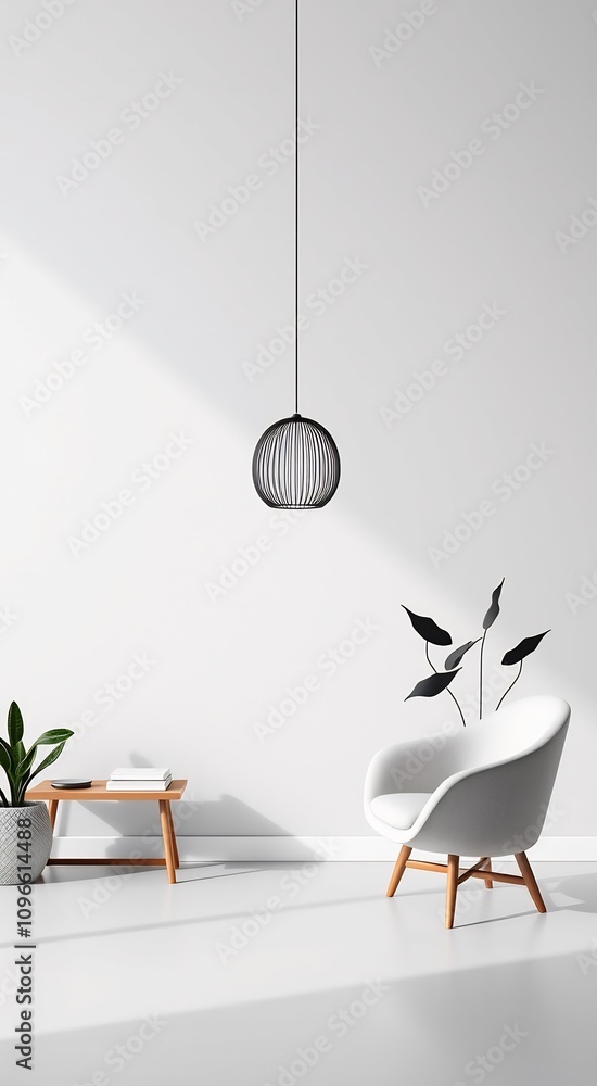 Minimalist living room interior with a white armchair, a hanging lamp, and a wooden coffee table. Minimalist living room interior with a white armchair, a hanging lamp, and a wooden coffee table.