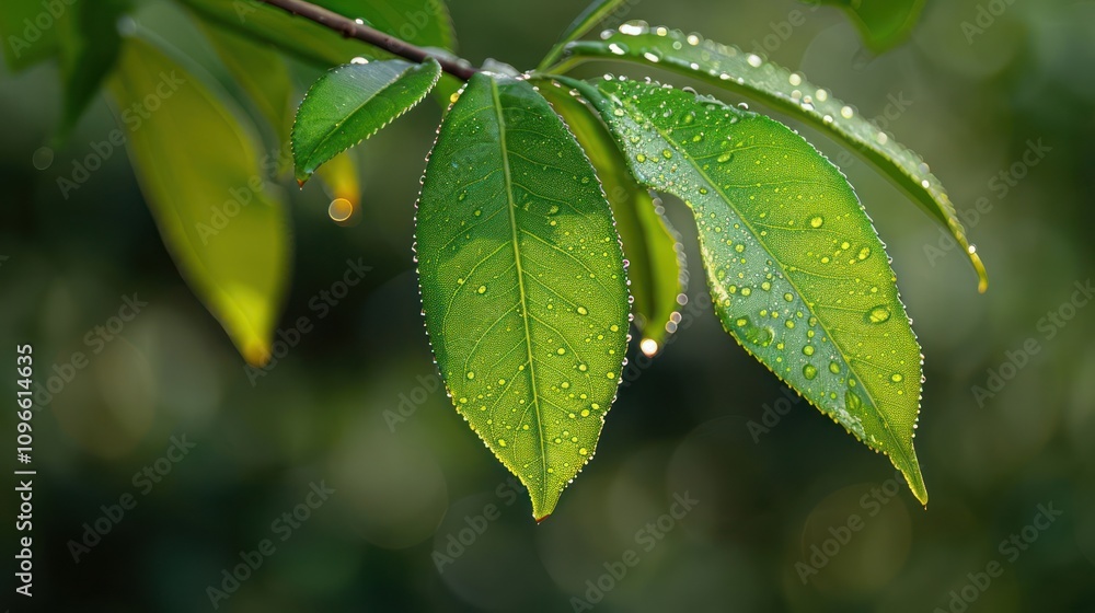 Close-up of green leaves with dew drops after rain.