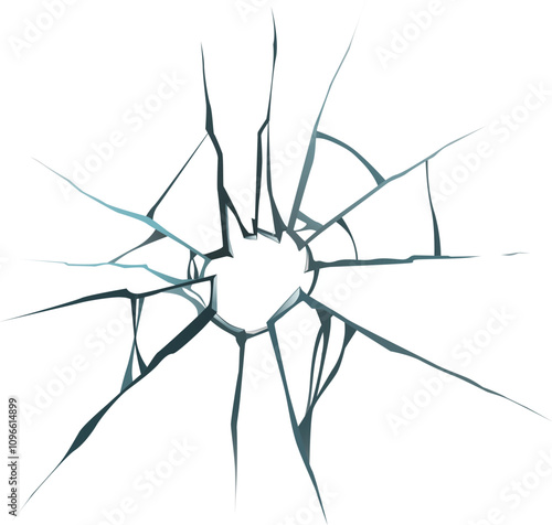 Cracks radiating from a hole in a broken glass surface create a dramatic visual, symbolizing damage, fragility, and the aftermath of impact