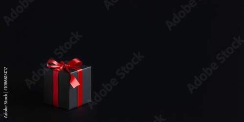 Elegant black gift box with red ribbon on dark background, celebrations, holidays, special occasions, black friday, isolated, copy space, copy space for text, copy space for text, elegant, isolated