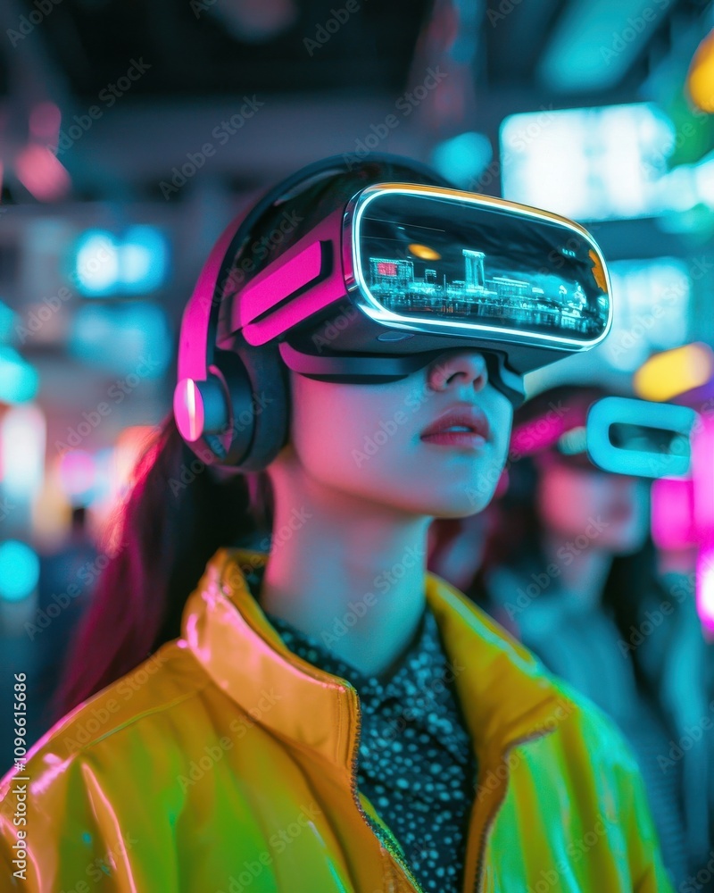 Virtual reality experience young woman engaged in ai technology urban environment futuristic viewpoint innovation concept Virtual reality experience young woman engaged in ai technology urban environment futuristic viewpoint innovation concept