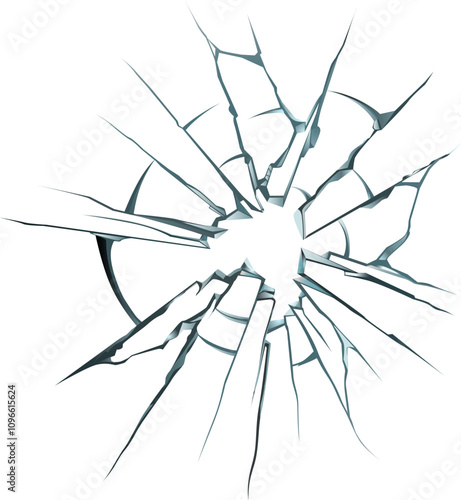 Cracked glass with a hole in center is radiating cracks outwards, creating a dramatic visual effect against a clean white backdrop, perfect for illustrating concepts of damage, stress, or impact