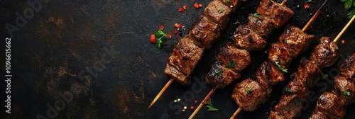 A stunning overhead shot showcases delicious beef shish kebabs, expertly skewered and seasoned with spices, set against a rich dark background enhancing culinary creativity and presentation photo