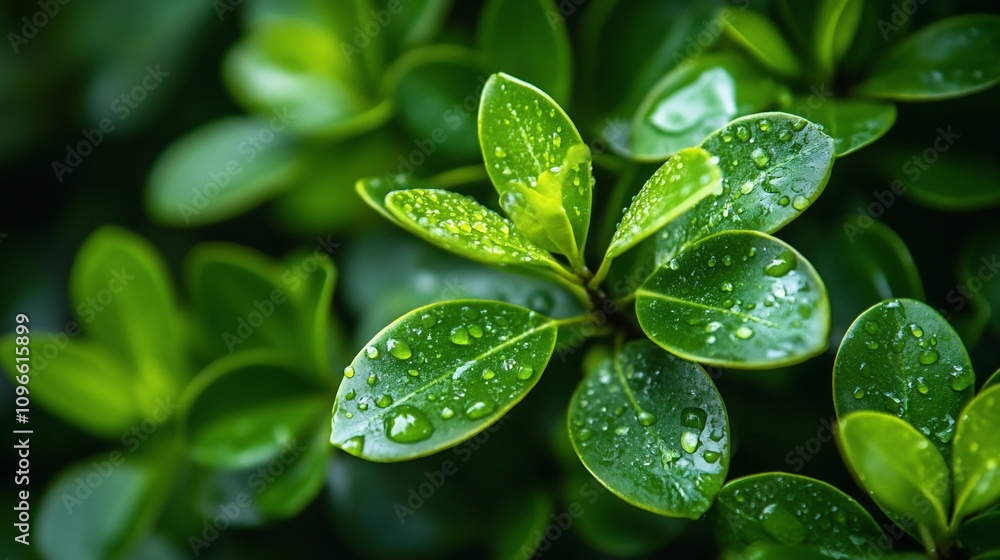 Close-up of vibrant green leaves with water droplets. Close-up of vibrant green leaves with water droplets.
