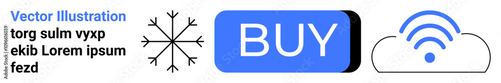 Snowflake icon, blue clickable BUY button, cloud with wireless symbol, and sample text. Ideal for e-commerce, winter sales, online purchases, wireless technology, digital marketing, UI design, web Snowflake icon, blue clickable BUY button, cloud with wireless symbol, and sample text. Ideal for e-commerce, winter sales, online purchases, wireless technology, digital marketing, UI design, web
