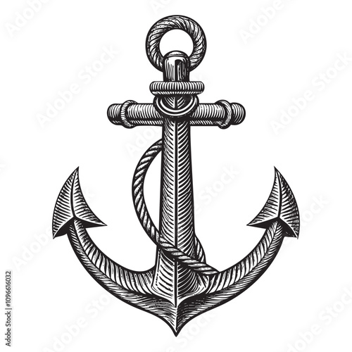 Anchor with rope sketch drawing hand drawn vector illustration