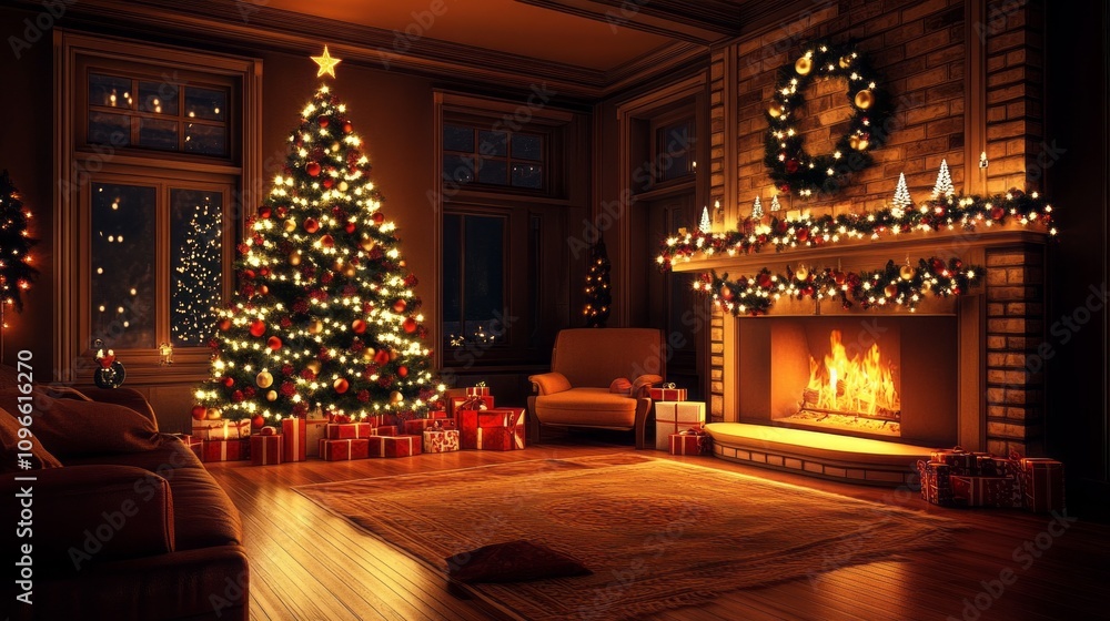 A cozy living room with a Christmas tree and a fireplace A cozy living room with a Christmas tree and a fireplace