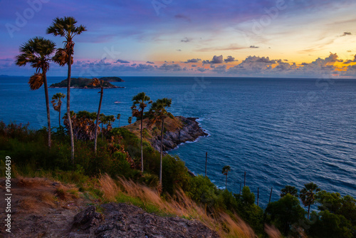 Laem Phrom Thep or Promthep Cape view point at sunset is a popular tourist attraction and landmark of Phuket Province, Thailand. photo