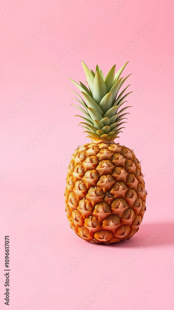 Single ripe pineapple with green leaves on pink surface, diagonal composition, recipe, ingredient, gourmet fruit, food styling Single ripe pineapple with green leaves on pink surface, diagonal composition, recipe, ingredient, gourmet fruit, food styling
