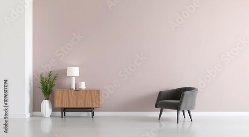 Minimalist living room interior with a grey armchair, wooden cabinet and a plant in a white vase.