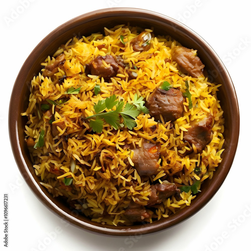 Delicious Chicken Biryani in Brown Bowl Aromatic Rice Dish isolated on white background photo