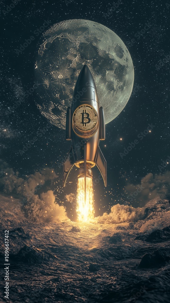 Obraz premium Bitcoin Rocket to the Moon. BTC Crypto Symbol. Cryptocurrency Success and Growth.