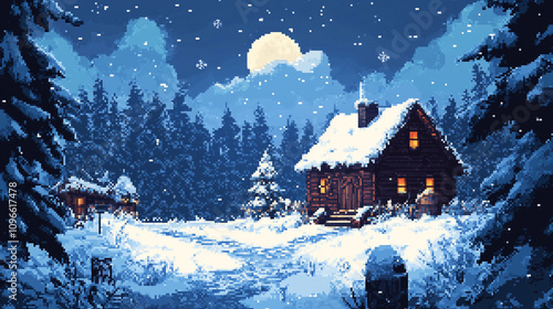 2d pixel art of wooden cottage on the north pole, winter season, christmas landscape