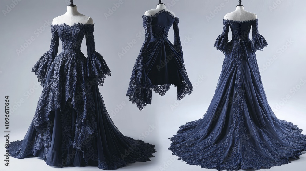Elegant navy blue gown with intricate lace detailing and dramatic silhouette. Elegant navy blue gown with intricate lace detailing and dramatic silhouette.