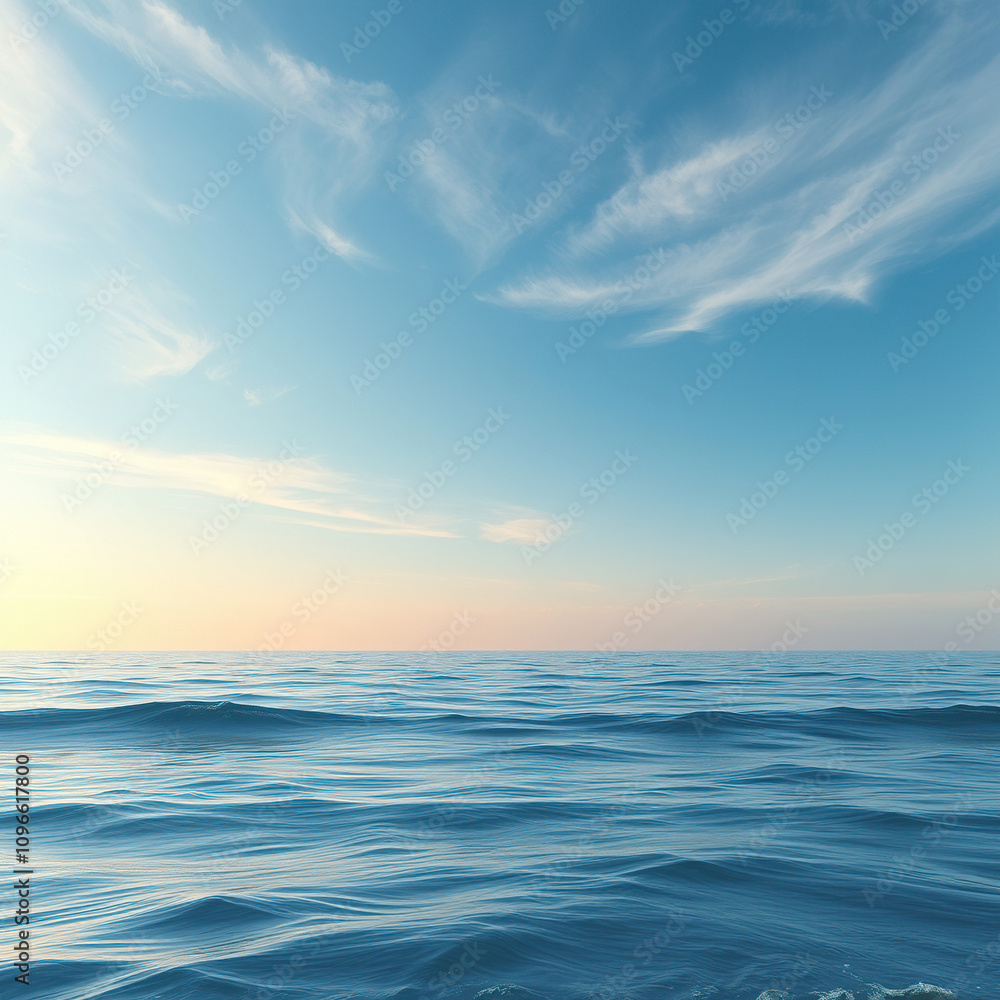 Soft gradient blue sky with wispy clouds and gentle waves, peaceful atmosphere, soft focus, serene landscape, cloudy day, ocean views Soft gradient blue sky with wispy clouds and gentle waves, peaceful atmosphere, soft focus, serene landscape, cloudy day, ocean views