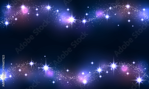 Scattered blue-pink neon particles on a dark background.Festive background or design element. Bright particles with bokeh effect, Christmas background with magical glitter. Concept: Christmas, party