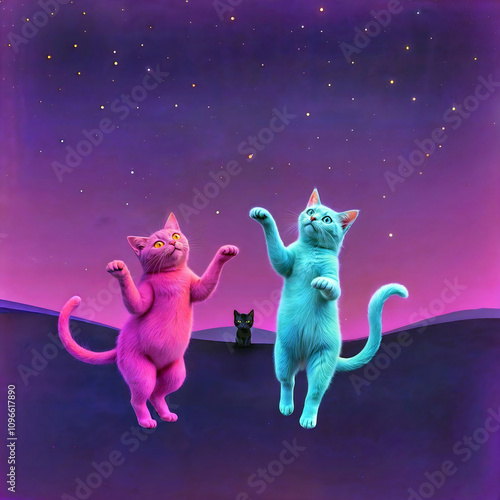 Cosmic Cat Dance: Whimsical Night in the Stars