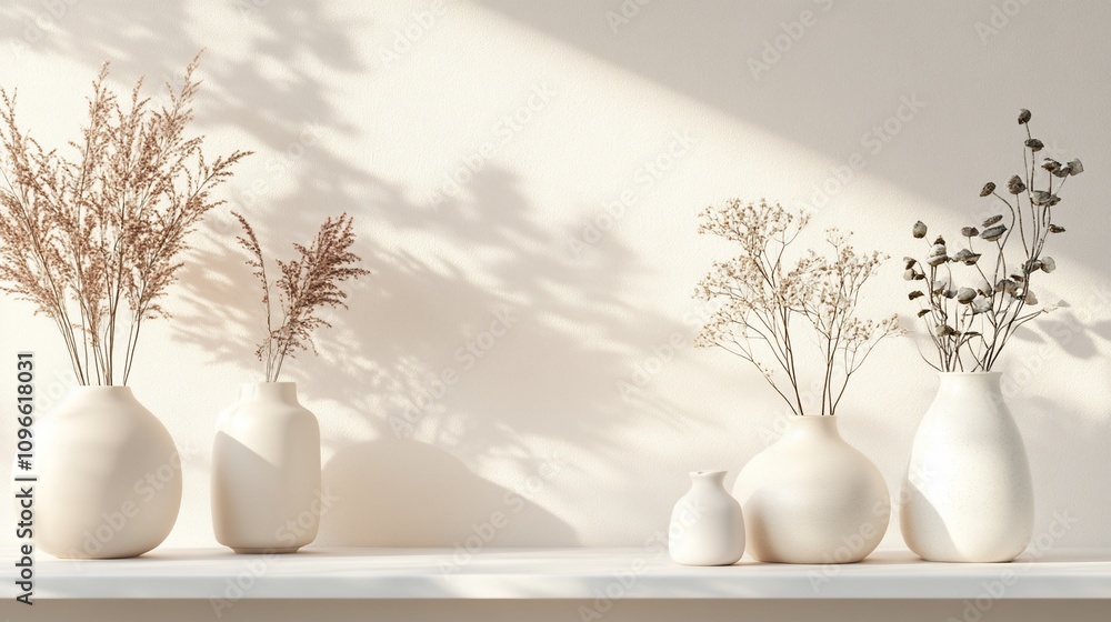 Minimalist beige vases with dried flowers on shelf. Minimalist beige vases with dried flowers on shelf.