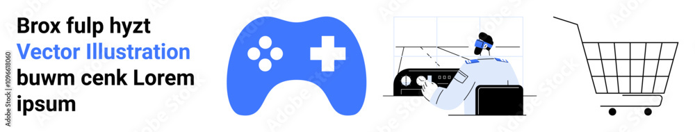 Blue game controller, developer at computer, and shopping cart motifs explore gaming, coding, and online shopping. Ideal for tech, gaming, e-commerce themes. Banner for landing page Blue game controller, developer at computer, and shopping cart motifs explore gaming, coding, and online shopping. Ideal for tech, gaming, e-commerce themes. Banner for landing page