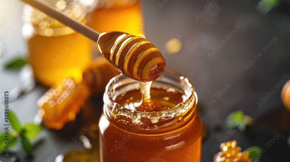 Close-up of honey dripping from a wooden spoon into a glass jar. Close-up of honey dripping from a wooden spoon into a glass jar.
