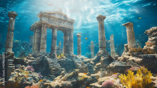 ancient underwater city, ruined kingdom, fish and coral reef
