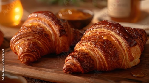 Two golden brown croissants drizzled with honey on a wooden board.