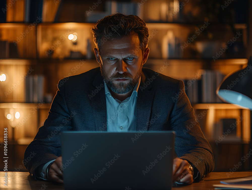 businessman executive wearing suit using laptop computer working on investment project sitting at office desk. businessman executive wearing suit using laptop computer working on investment project sitting at office desk.