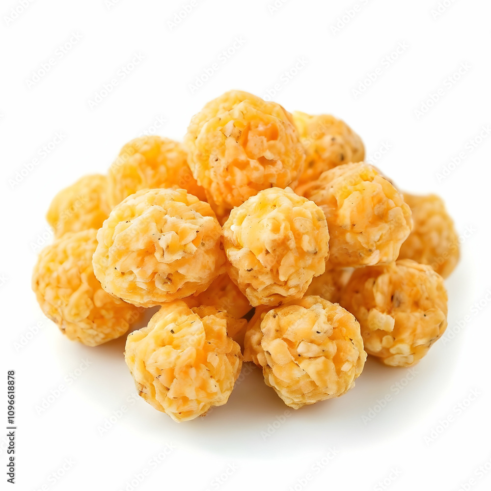 Crispy Cheese Puffs Savory Snacks, Round Balls, Tasty Treat isolated on white background Crispy Cheese Puffs Savory Snacks, Round Balls, Tasty Treat isolated on white background