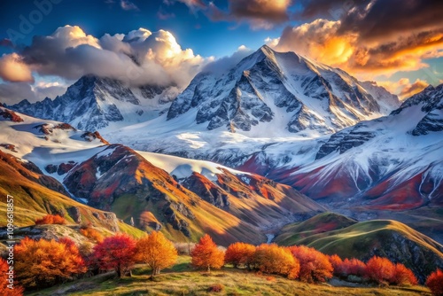 Majestic Winter Landscapes of Mount Donguzorun and Mount Nakra Summits Under a Colorful Sunset Sky with Vibrant Autumn Foliage photo