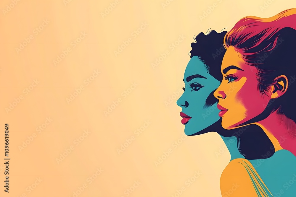 Abstract Pop Art Style Female Profiles with Bold Colors and Geometric Background Abstract Pop Art Style Female Profiles with Bold Colors and Geometric Background
