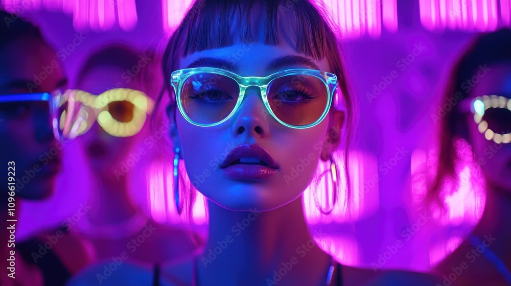 A vibrant portrait of a woman in neon glasses against a colorful backdrop. A vibrant portrait of a woman in neon glasses against a colorful backdrop.
